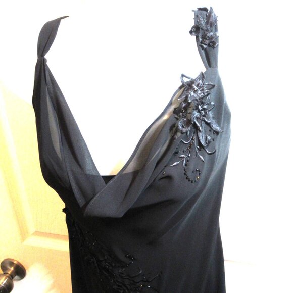 Adrianna Papell Black Chiffon Gown Floral Applique Beads EUC Whimsigoth Cowl - Picture 3 of 16
